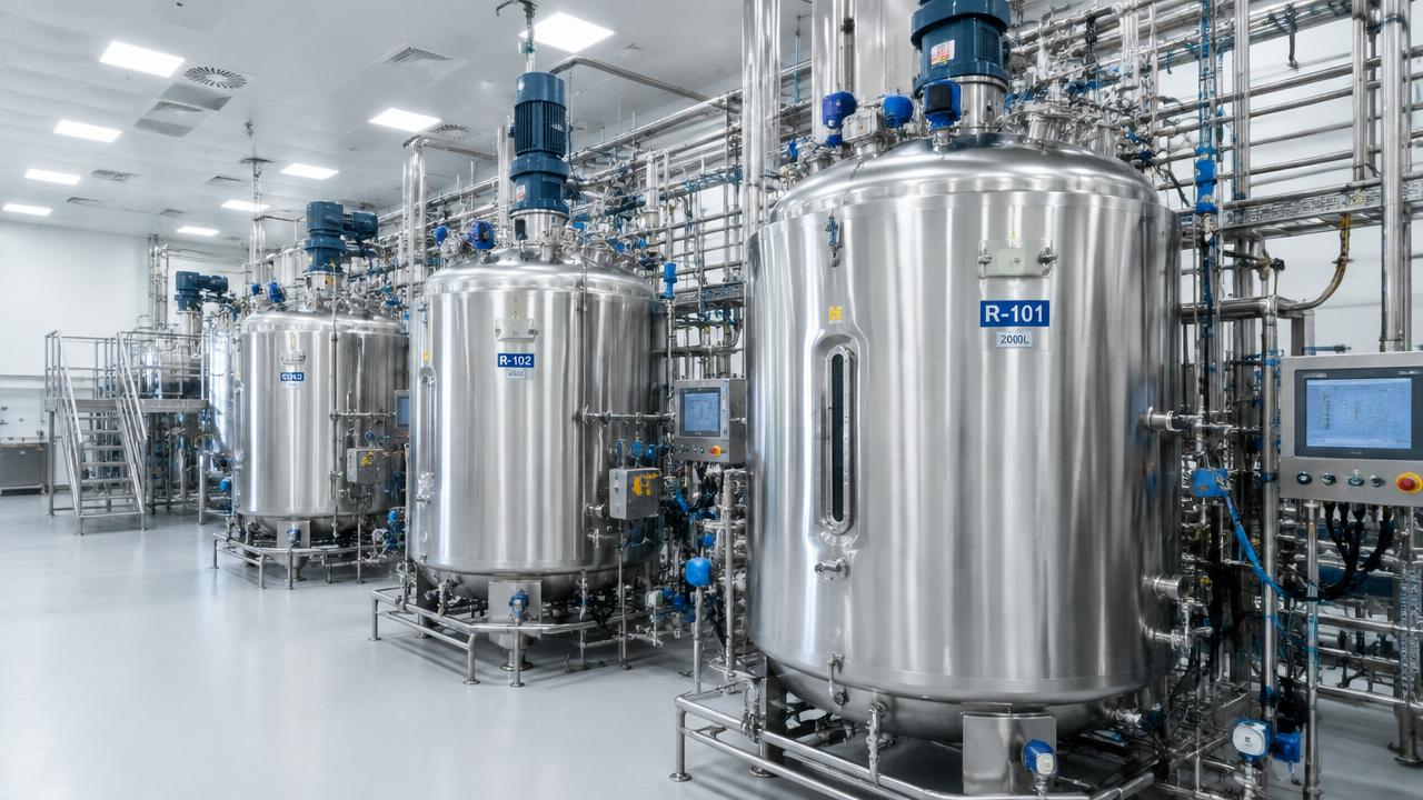 Stainless steel bioreactors at a biologics manufacturing plant.