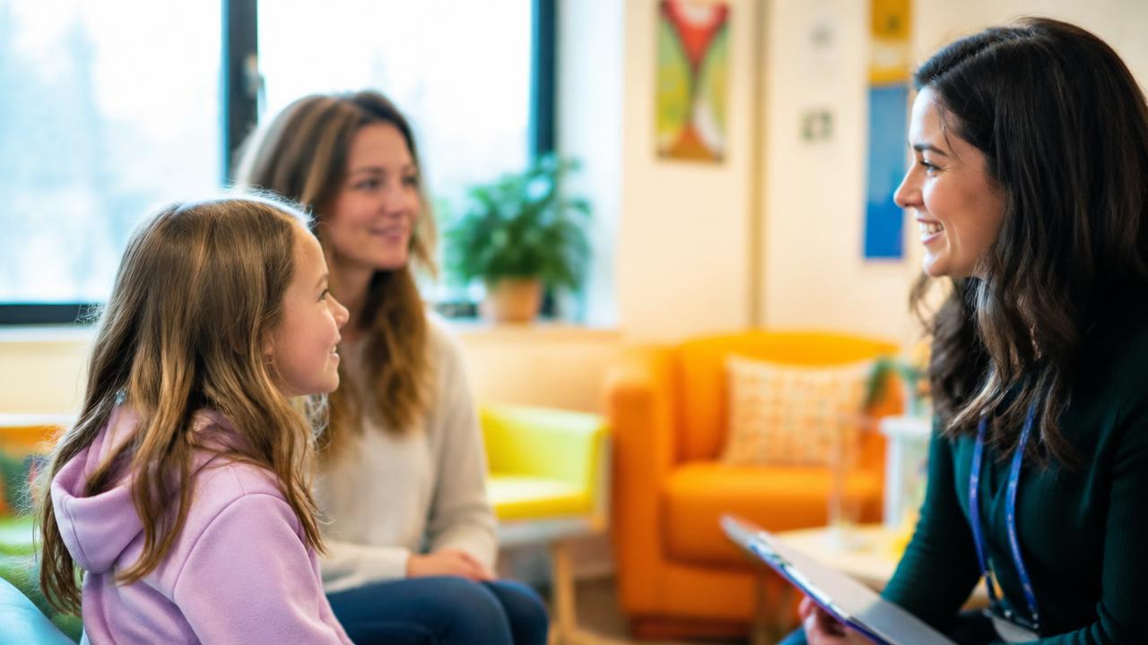 A young patient and parent meet a child mental health clinician.