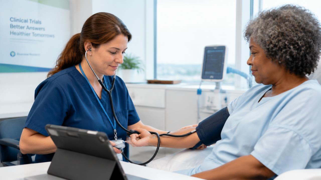 A research nurse checks a clinical trial participant.