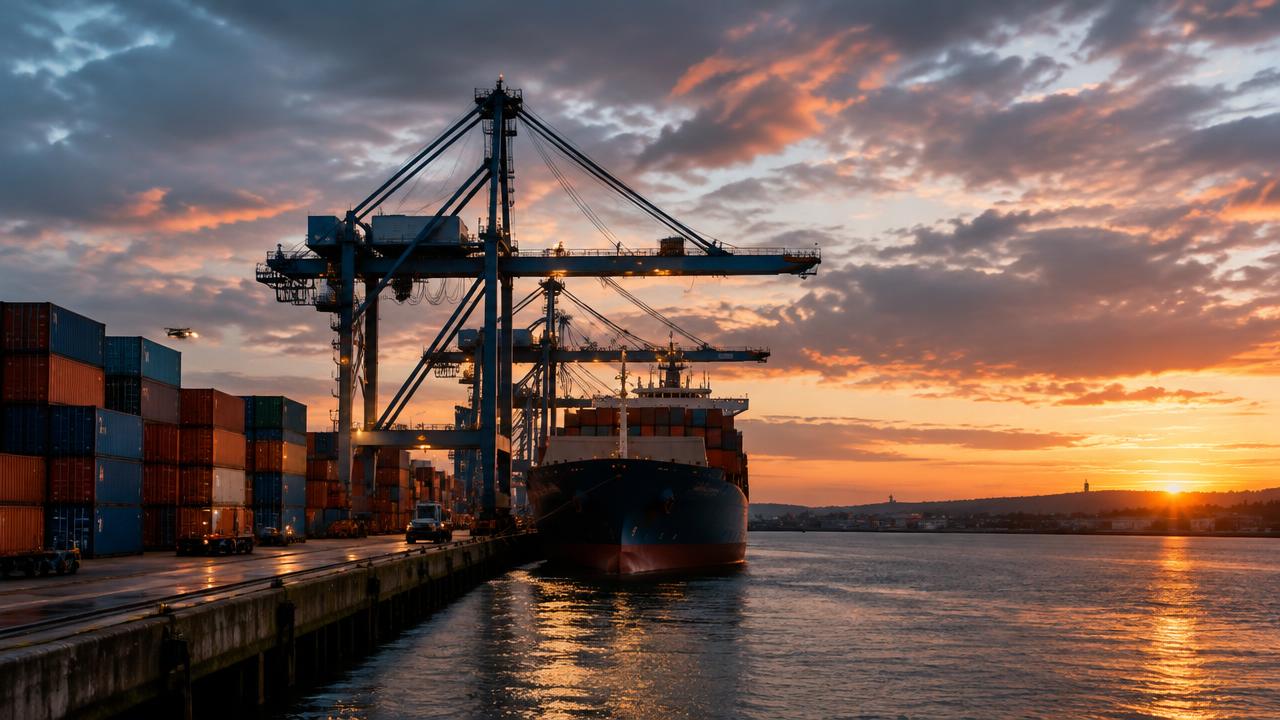 A container ship loading Irish exports at dusk.
