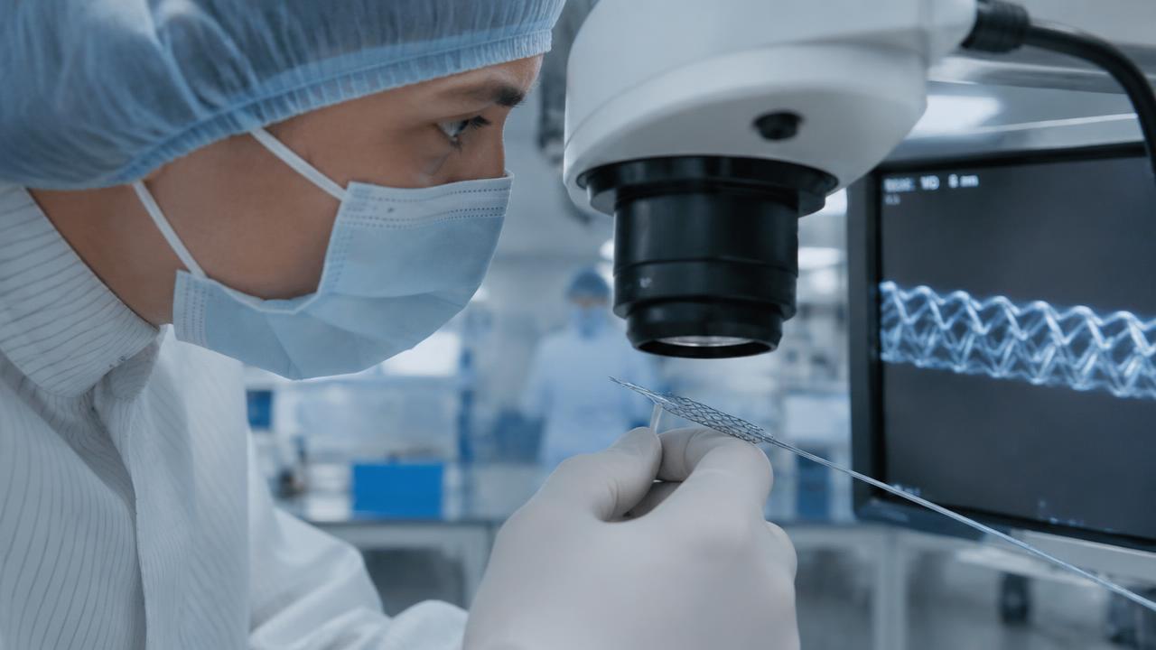 A medtech engineer inspects a device under magnification.