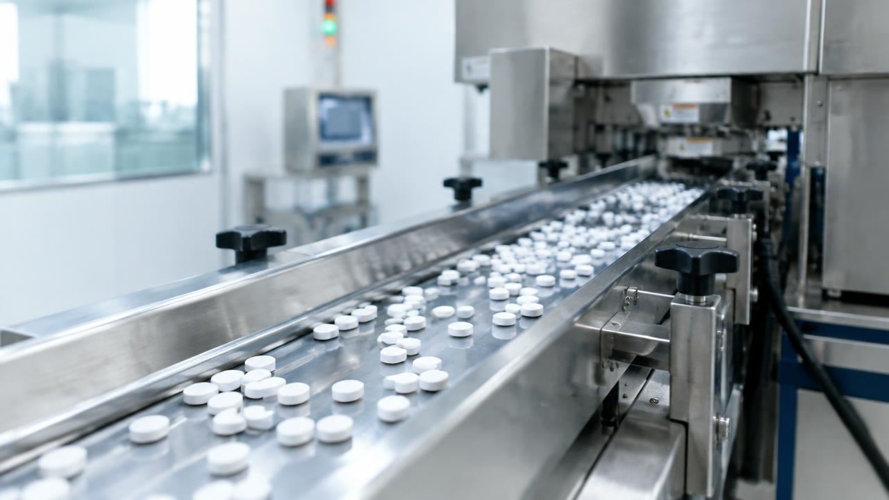 Tablets on a pharmaceutical production line.